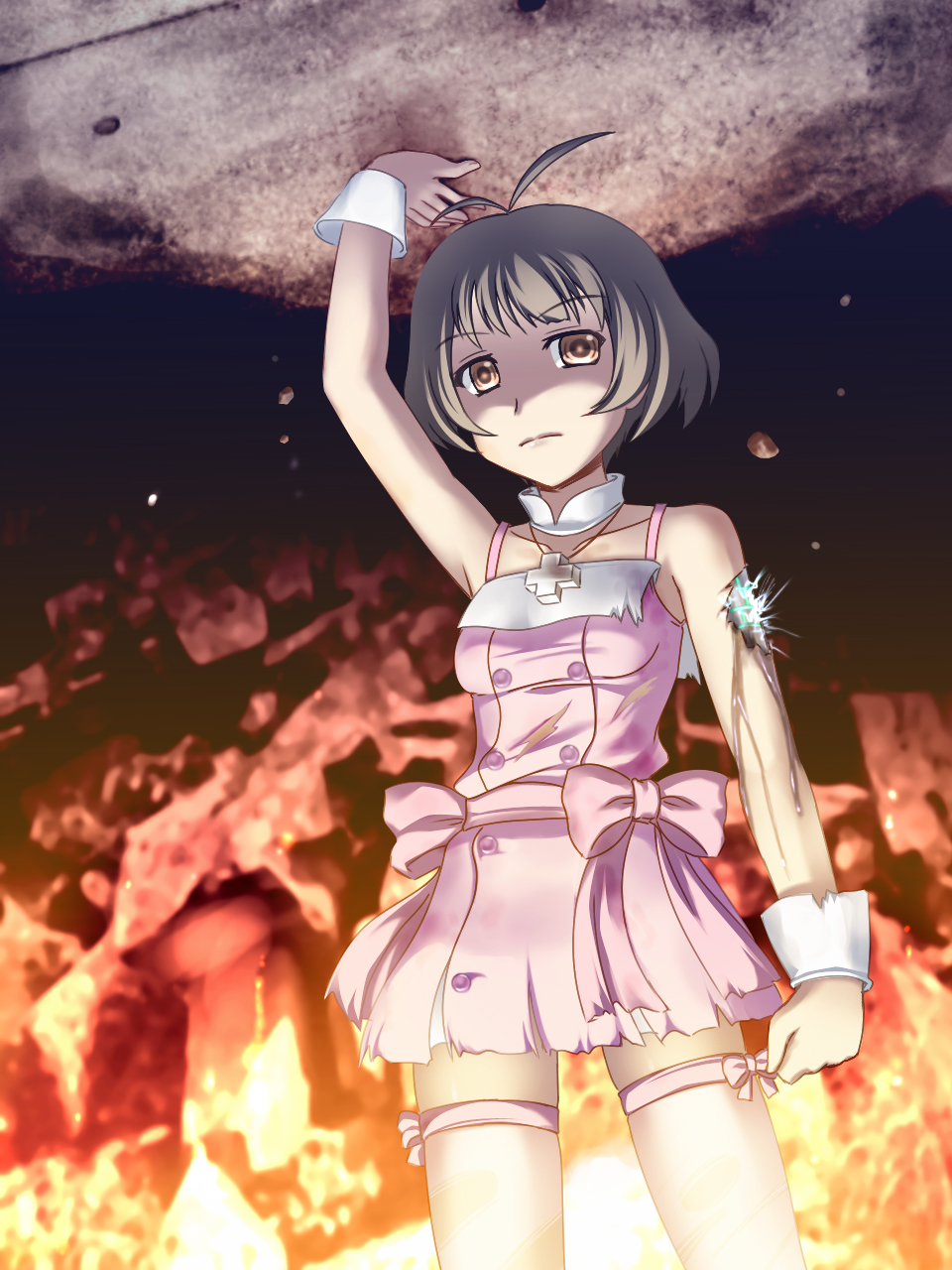 furomiya, totokichi, akizuki ryo, idolmaster, idolmaster dearly stars, bad id, bad pixiv id, highres, 00s, 1boy, android, antenna hair, bare shoulders, brown eyes, brown hair, crossdressing, crossdressing (mtf), cute & girly (idolmaster), damaged, jewelry, male focus, necklace, robot, rock, short hair, solo, torn clothes, trap