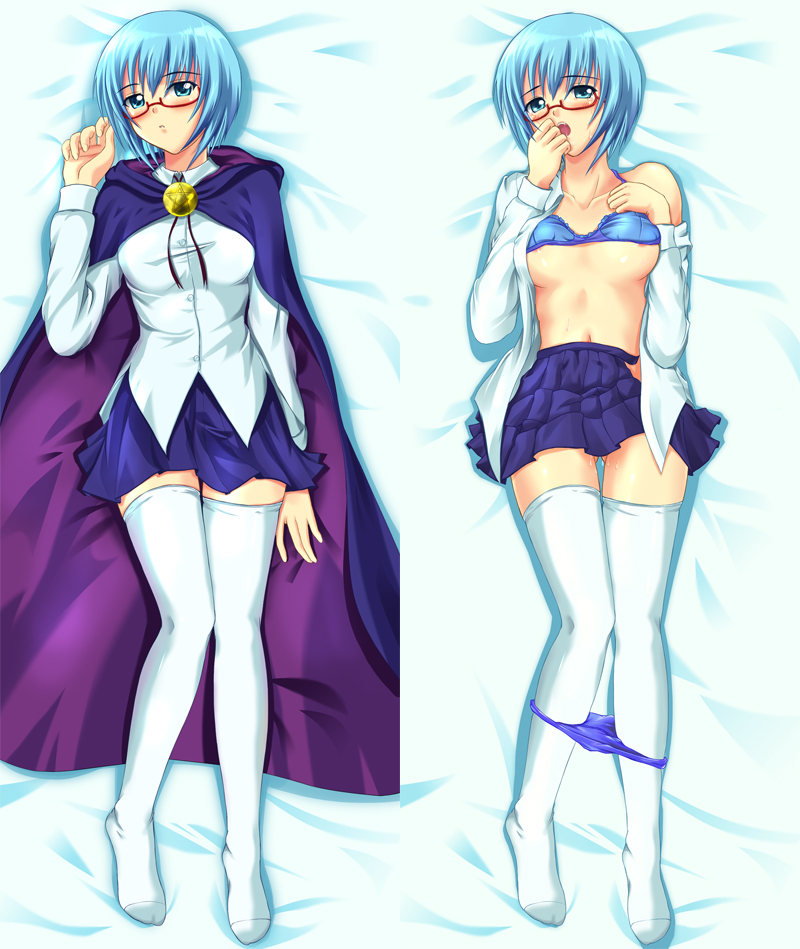 koni, tabitha (zero no tsukaima), zero no tsukaima, 00s, 1girl, blue eyes, blue hair, blush, bra, bra lift, cape, clothes lift, dual persona, glasses, lingerie, lying, open clothes, open shirt, panties, panty pull, pentacle, shirt, short hair, skirt, tears, thighhighs, underwear