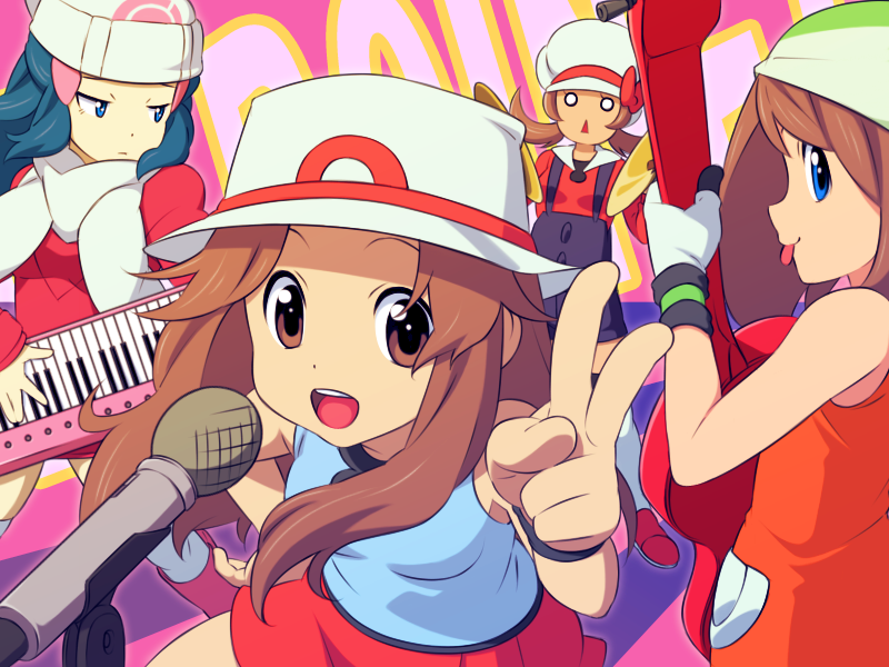 yagitori, dawn (pokemon), leaf (pokemon), lyra (pokemon), may (pokemon), k-on!, nintendo, pokemon, pokemon dppt, pokemon frlg, pokemon hgss, pokemon rse, 4girls, alternate costume, band (music), bandana, beanie, cymbals, guitar, hat, hat ribbon, instrument, keyboard (instrument), microphone, microphone stand, multiple girls, parody, porkpie hat, red ribbon, ribbon, v, winter clothes