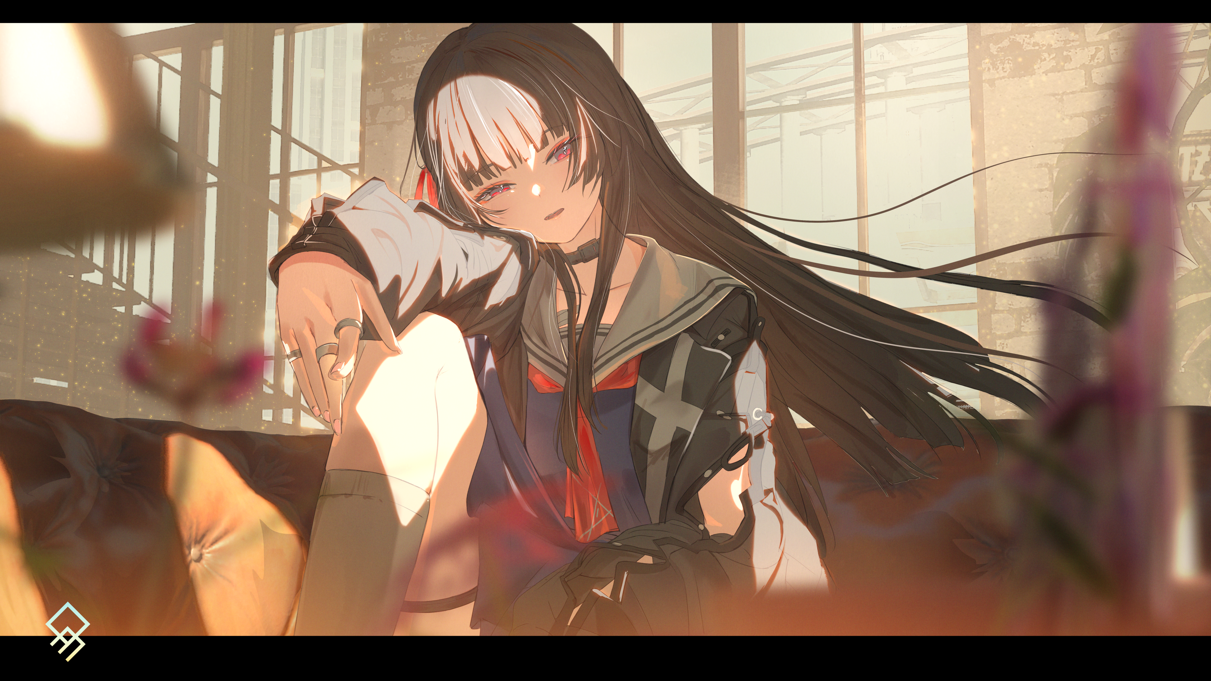 qurami, chisa (wuthering waves), wuthering waves, absurdres, commentary, english commentary, highres, 1girl, artist logo, black hair, black jacket, black shirt, blurry, blurry foreground, hair ribbon, half-closed eyes, indoors, jacket, logo, long hair, long sleeves, looking at viewer, neckerchief, parted lips, red eyes, red neckerchief, red ribbon, ribbon, sailor collar, shirt, solo, upper body, white sailor collar, window