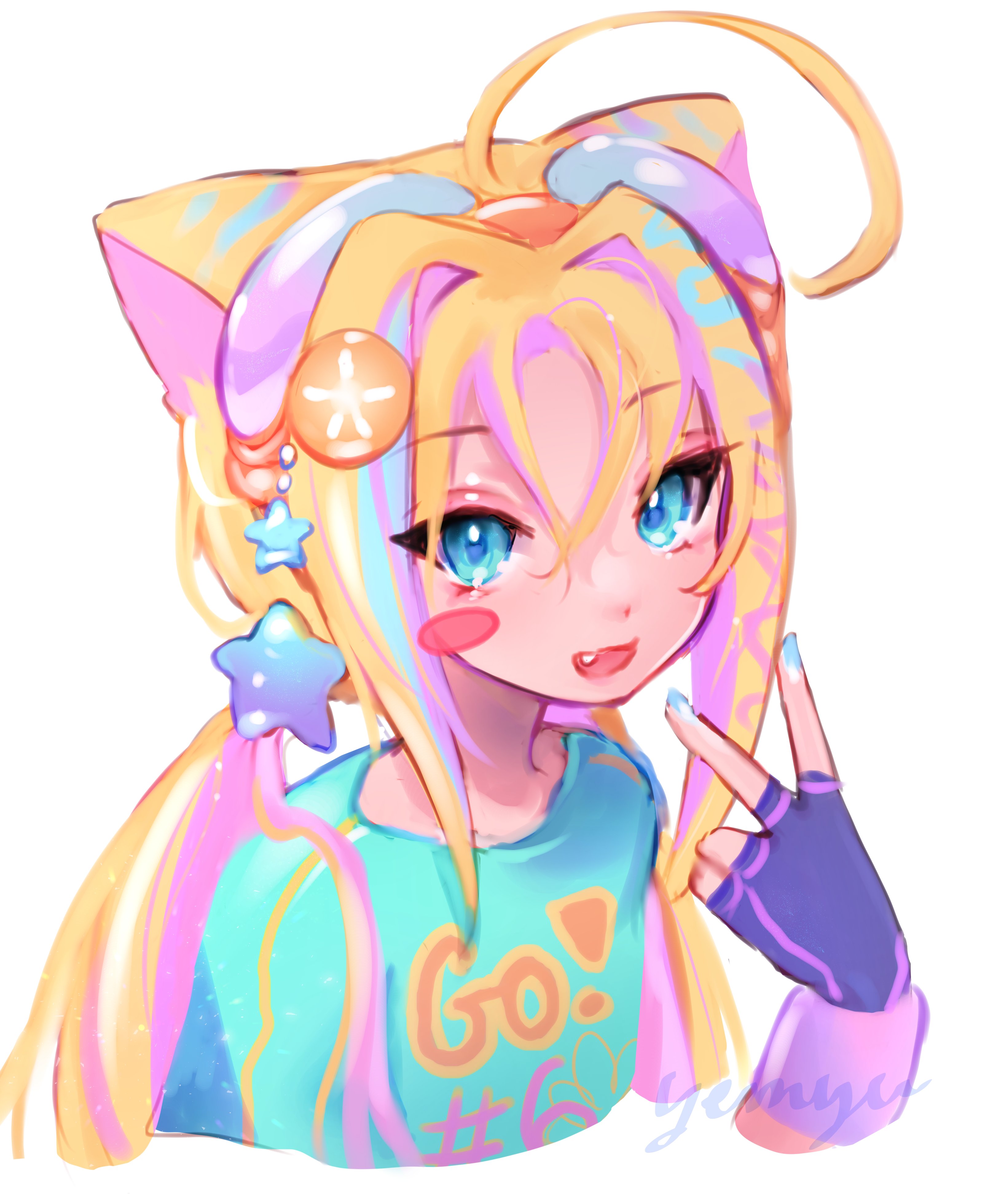 cloud (lufaeris), original, absurdres, commentary, english commentary, highres, 1girl, ahoge, animal ears, blonde hair, blue eyes, blue shirt, blush stickers, cat ears, cat girl, clothes writing, cropped torso, fang, fingerless gloves, gloves, hair between eyes, hair ornament, hand up, huge ahoge, long hair, looking at viewer, multicolored hair, open mouth, pink streaks, purple gloves, shirt, simple background, single blush sticker, solo, star (symbol), star hair ornament, streaked hair, v, white background