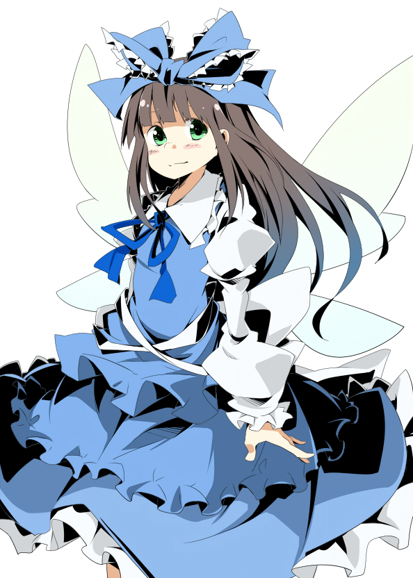 la-do, oguro (moyashi 2-hon), star sapphire, eastern and little nature deity, touhou, touhou sangetsusei, bad id, bad pixiv id, 1girl, black hair, blue dress, blunt bangs, dress, female focus, flat chest, frills, green eyes, long hair, ribbon, solo, white background, wings
