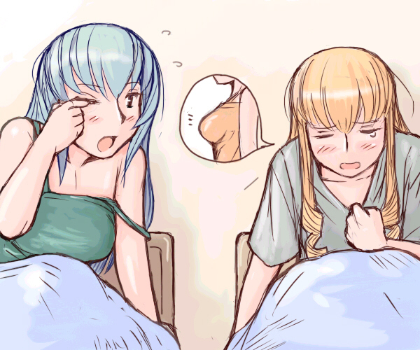 tsuda nanafushi, shinku, suigintou, rozen maiden, silver hair, 00s, 2girls, aged up, bed, blonde hair, breast conscious, casual, multiple girls, off shoulder, one eye closed, tears, waking up, wink