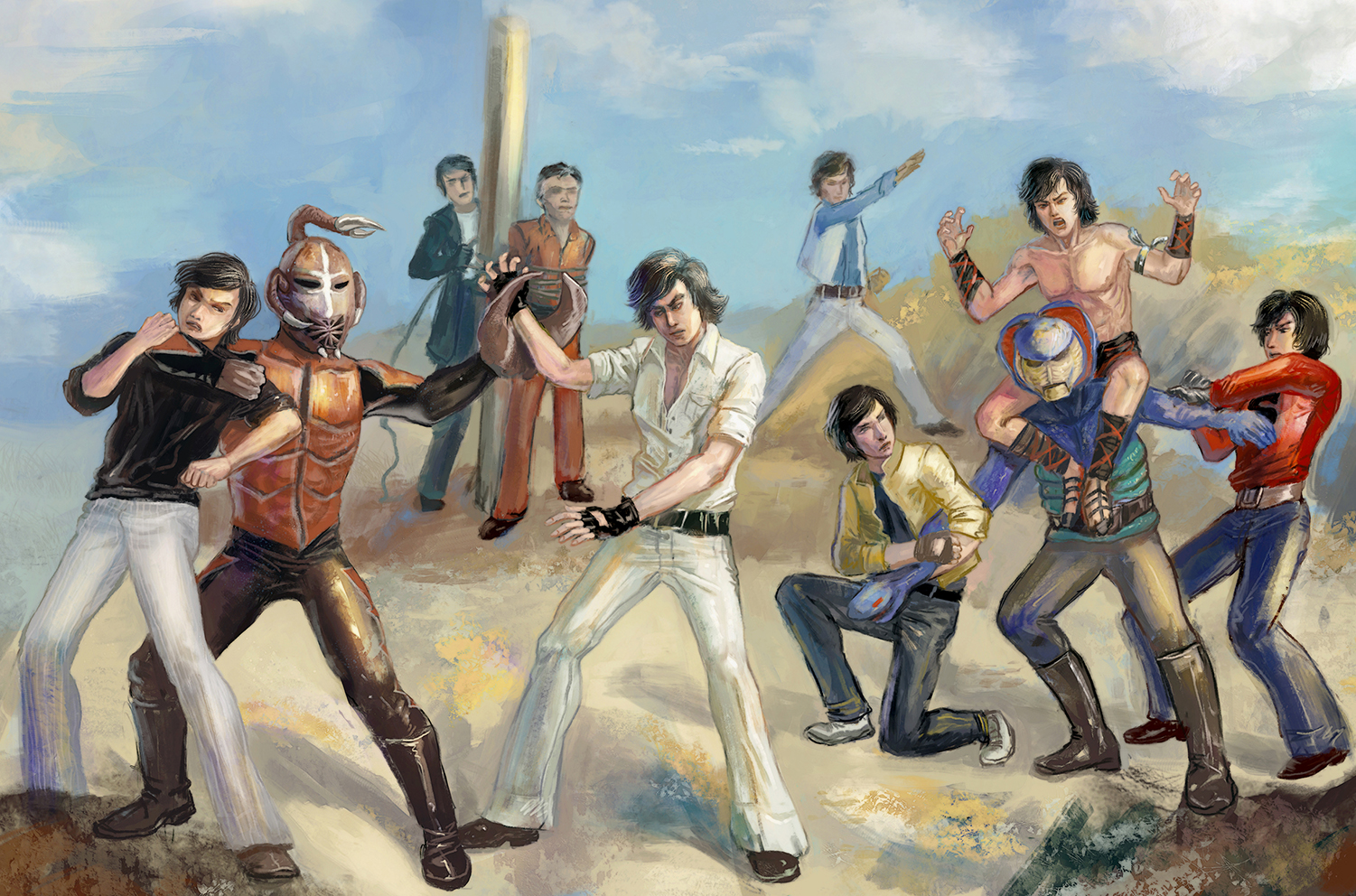 amibazh, hongou takeshi, ichimonji hayato, kamen rider, commentary request, 6+boys, black hair, bound, choke hold, cloud, dynamic pose, fighting, fingerless gloves, gloves, jin keisuke, jou shigeru, multiple boys, pincers, restrained, sasori man, strangling, tied up (nonsexual), topless male, yamamoto daisuke