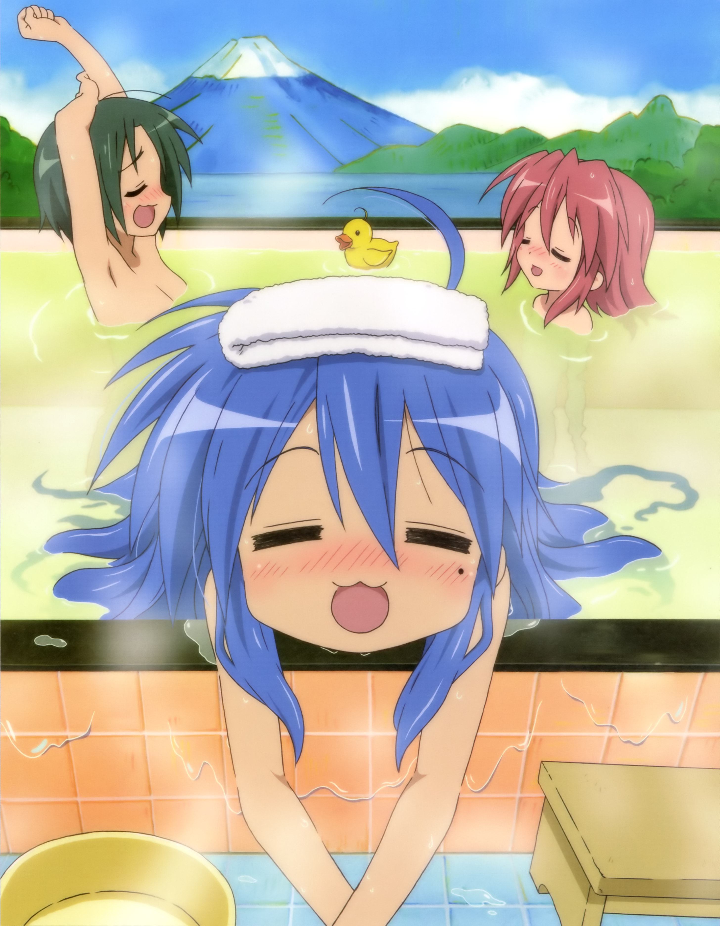 izumi konata, kobayakawa yutaka, narumi yui, lucky star, absurdres, highres, 00s, 3girls, :3, :d, = =, ahoge, bath stool, bath toy, bathing, bathing together, blue hair, blush, closed eyes, cousins, long hair, mole, mole under eye, multiple girls, nude, onsen, open mouth, rubber duck, same-sex bathing, shared bathing, siblings, sisters, smile, stool, stretching, towel, towel on head, water, wet