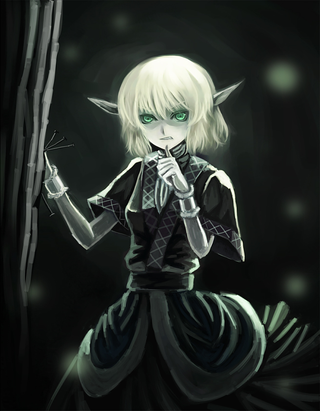 parsley-f, mizuhashi parsee, touhou, bad id, bad pixiv id, 1girl, dark, elf, female focus, green eyes, nail (hardware), pale skin, pointy ears, simple background, solo