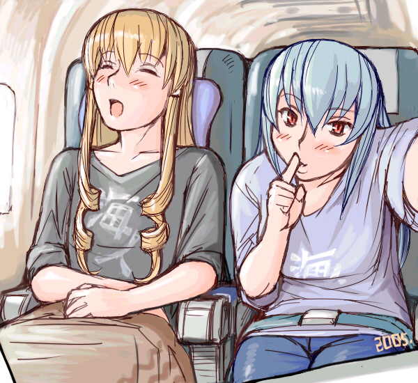tsuda nanafushi, shinku, suigintou, rozen maiden, silver hair, 00s, 2girls, aged up, blonde hair, casual, closed eyes, clothes writing, long hair, multiple girls, open mouth, photo (object), red eyes, shirt, sleeping, t-shirt