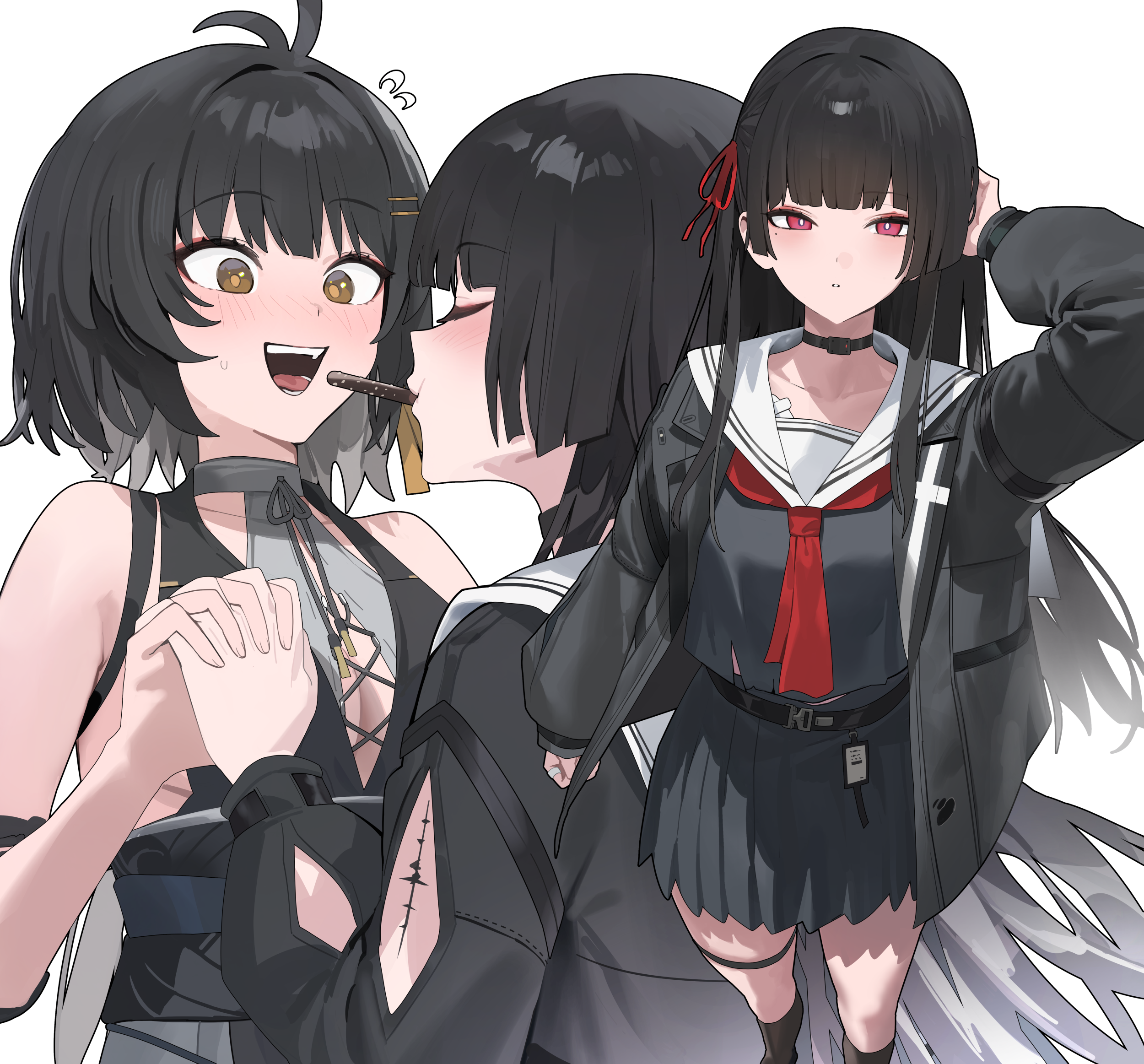 hood (james x), chisa (wuthering waves), female rover (wuthering waves), rover (wuthering waves), wuthering waves, commentary, highres, 2girls, arm cutout, arm up, bare shoulders, black choker, black dress, black hair, black jacket, black serafuku, black shirt, black skirt, blush, breasts, choker, closed eyes, clothing cutout, collarbone, cross-laced clothes, cross-laced dress, dress, embarrassed, flying sweatdrops, food, food in mouth, hair ornament, hair ribbon, hairclip, holding hands, jacket, long hair, long sleeves, looking at another, looking at viewer, medium breasts, mole, mole under eye, multiple girls, multiple views, neckerchief, open mouth, parallel hairclips, parted lips, pocky, pocky in mouth, red eyes, red neckerchief, red ribbon, ribbon, sailor collar, school uniform, serafuku, shirt, simple background, skirt, sleeveless, sleeveless dress, tacet mark (wuthering waves), thigh strap, white background, white sailor collar, yellow eyes, yuri
