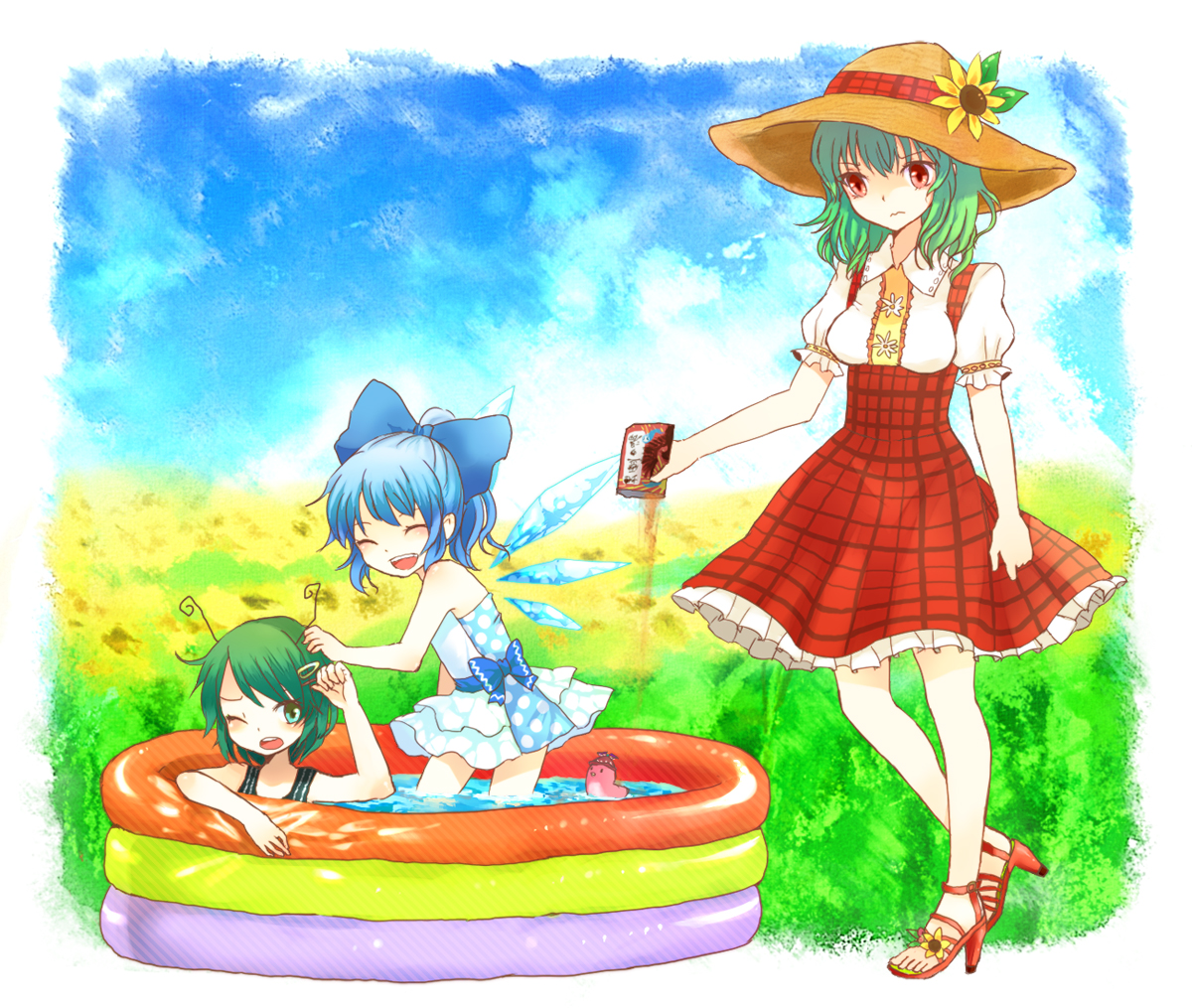 mozukuzu (manukedori), cirno, kazami yuuka, mystia lorelei, mystia lorelei (bird), wriggle nightbug, touhou, 3:, 3girls, :d, adapted costume, alternate hairstyle, animal ears, antennae, bird, border, breasts, casual one-piece swimsuit, child, closed eyes, dress, fading border, faux traditional media, field, flower, flower field, frills, green eyes, green hair, hair ornament, hairclip, happy, hat, high heel sandals, high heels, ice, medium breasts, multiple girls, nature, one-piece swimsuit, one eye closed, open mouth, plaid clothes, plaid dress, ponytail, ribbon, sandals, seed, shoes, smile, straw hat, sunflower, sunflower field, swimsuit, wading pool, water, wings, wink