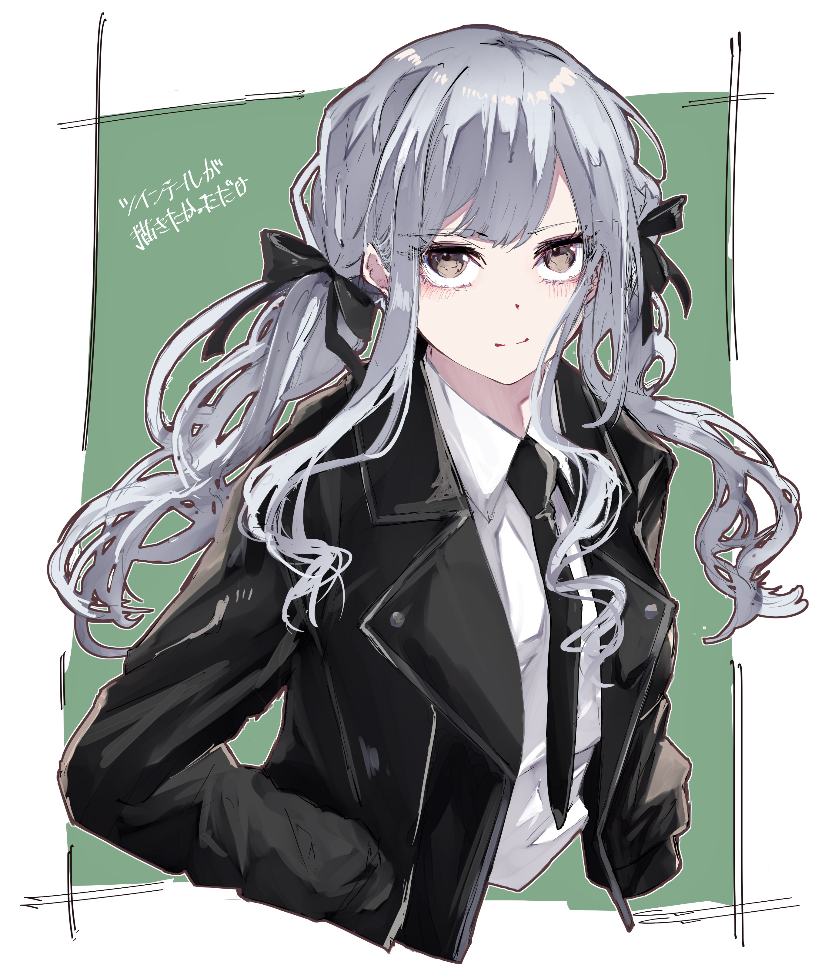 nuruponnu, togawa sakiko, bang dream!, bang dream! it's mygo!!!!!, absurdres, commentary request, highres, translation request, 1girl, black bow, black jacket, black necktie, blue hair, bow, hair bow, hands in pockets, jacket, long hair, necktie, open clothes, open jacket, shirt, sidelocks, solo, twintails, white shirt