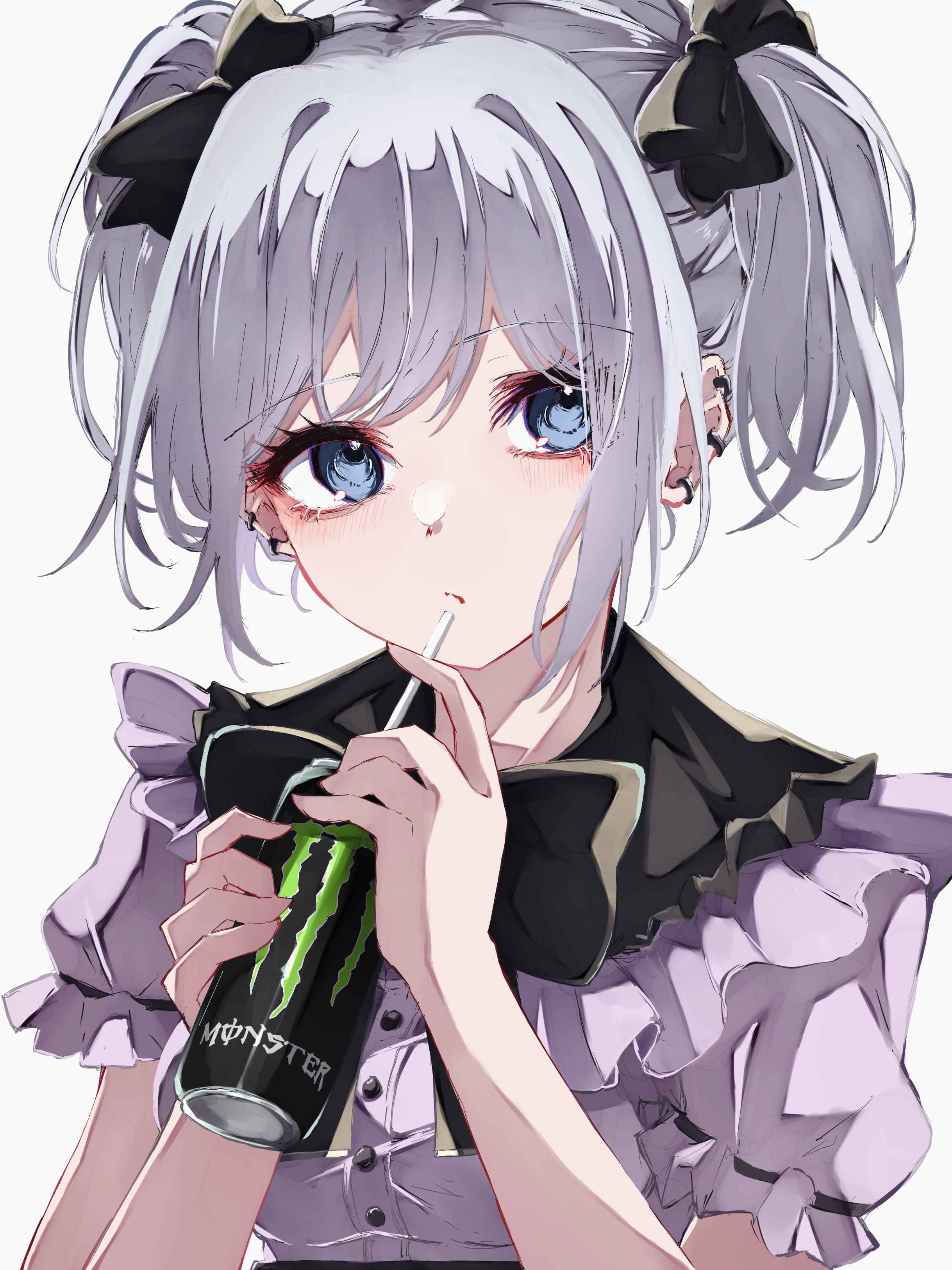 nuruponnu, kurata mashiro, bang dream!, monster energy, absurdres, commentary request, highres, 1girl, black bow, blue eyes, bow, can, drinking straw, ear piercing, hair bow, holding, holding can, jirai kei, piercing, pink shirt, shirt, short sleeves, sidelocks, simple background, solo, two side up, upper body, white background