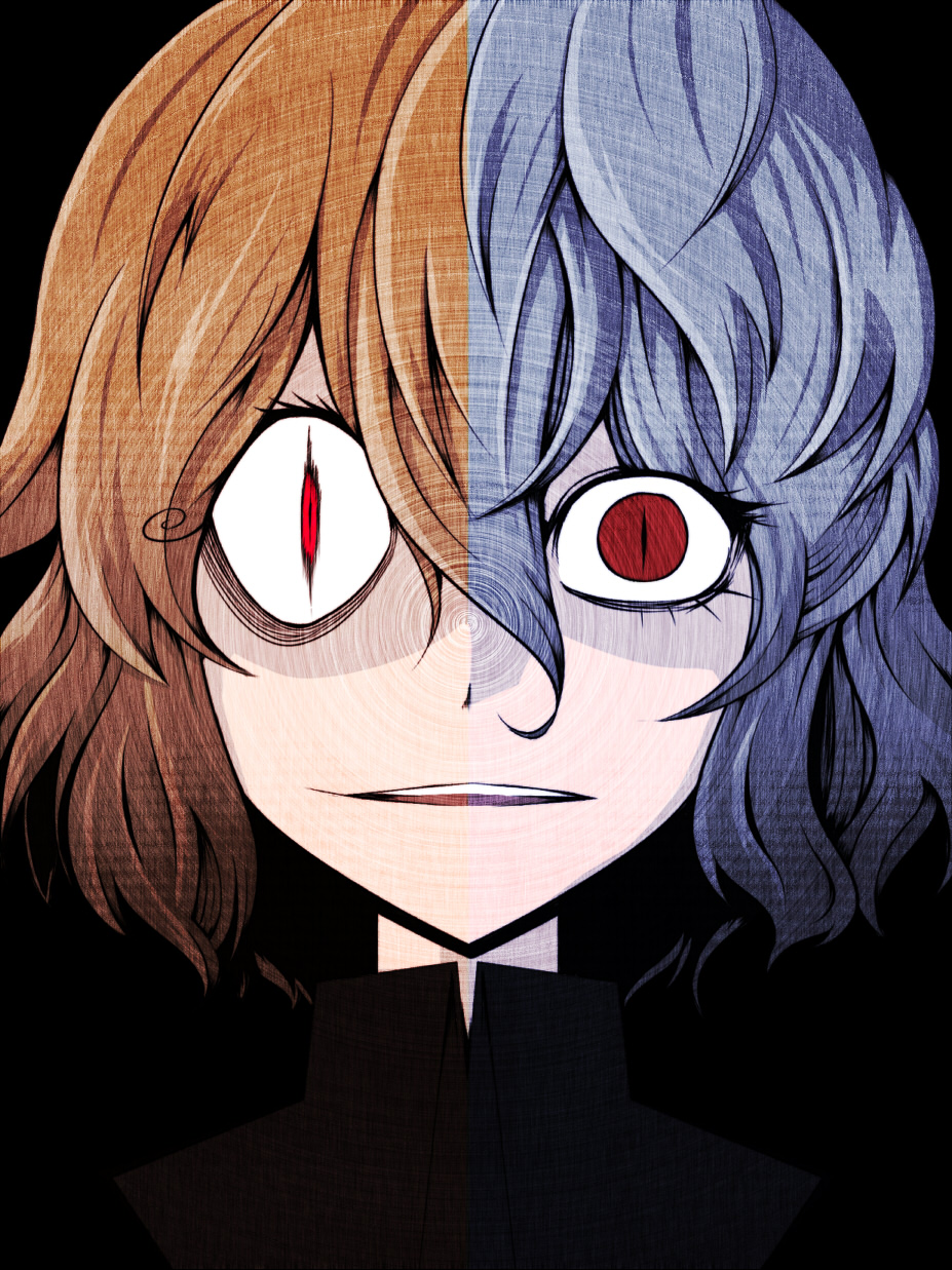 konohana saku, flandre scarlet, remilia scarlet, touhou, bad id, bad pixiv id, highres, 1girl, crazy eyes, creepy, female focus, fusion, horror (theme), portrait, red eyes, short hair, slit pupils, solo, split theme