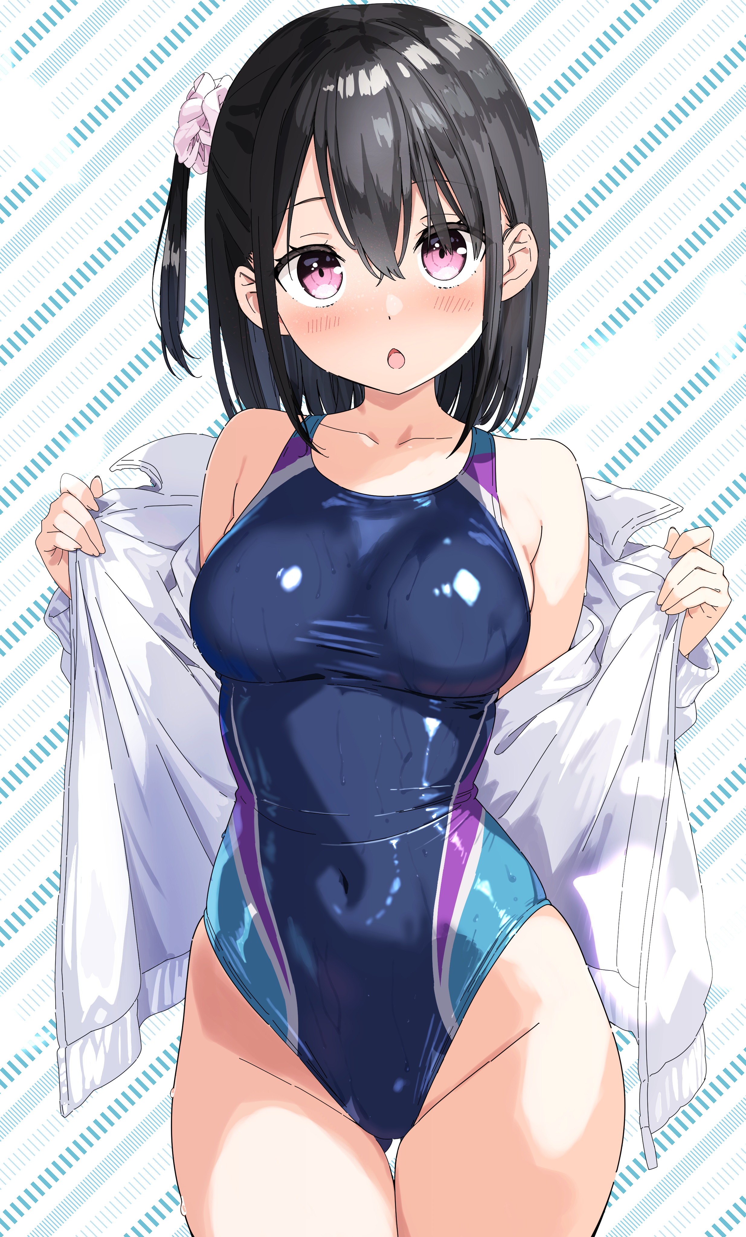 miyuki (yxbt7), original, absurdres, commentary request, highres, 1girl, :o, black hair, black one-piece swimsuit, blush, breasts, collarbone, competition school swimsuit, competition swimsuit, covered navel, cowboy shot, hair between eyes, hair ornament, hair scrunchie, jacket, long hair, long sleeves, looking at viewer, medium breasts, one-piece swimsuit, open mouth, purple eyes, school swimsuit, scrunchie, solo, standing, swimsuit, thighs, white background, white jacket