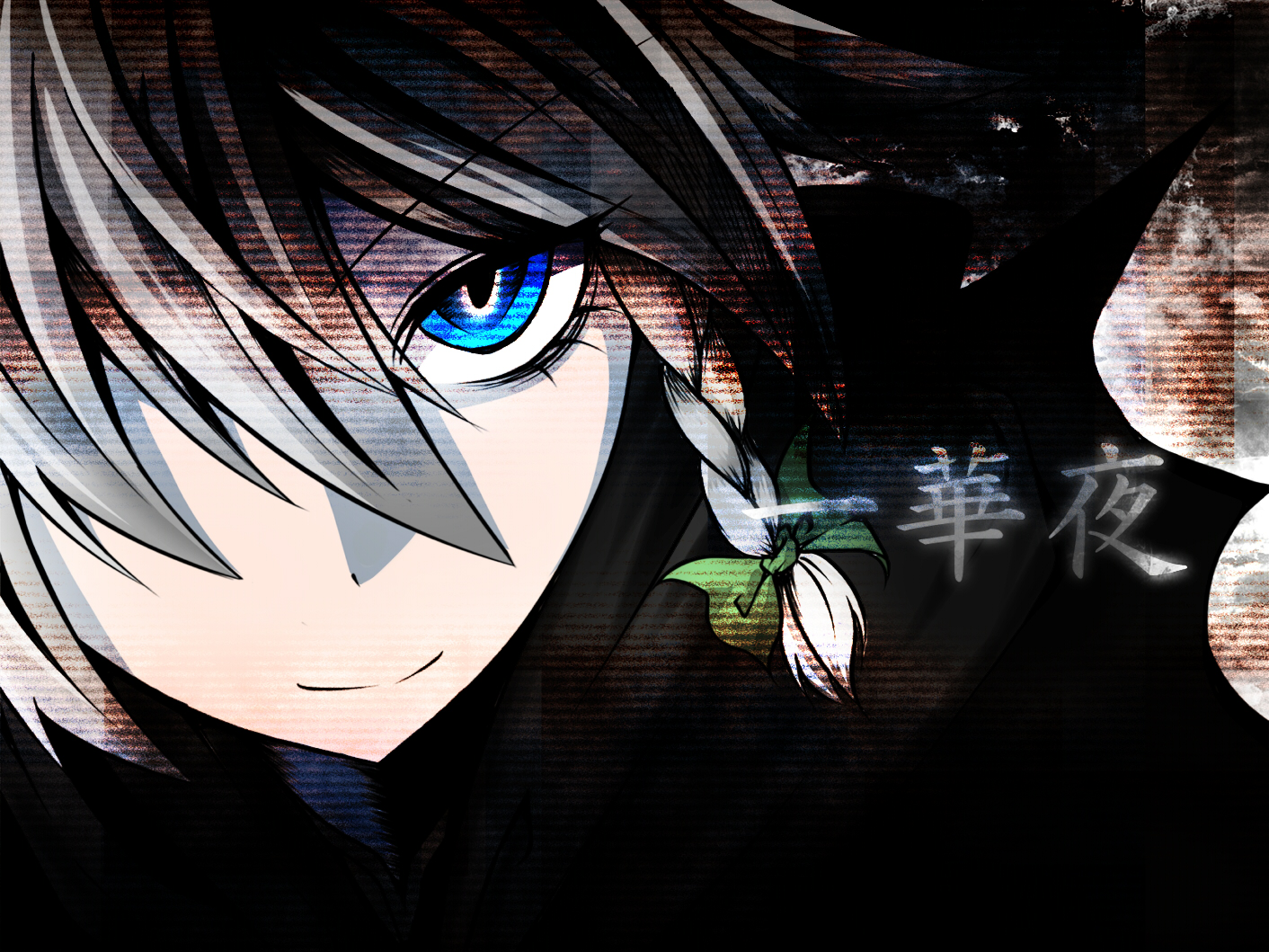 konohana saku, izayoi sakuya, touhou, silver hair, bad id, bad pixiv id, 1girl, blue eyes, braid, female focus, hair over one eye, ribbon, short hair, smile, solo