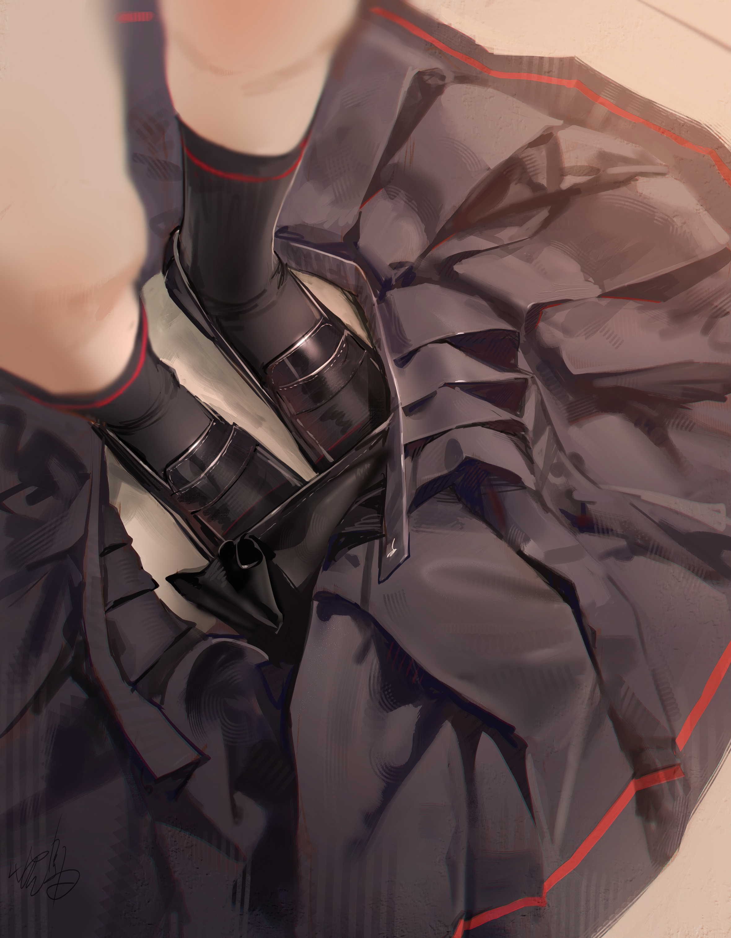 hidulume, justice task force member (blue archive), blue archive, absurdres, commentary request, highres, 1girl, black shoes, black skirt, black socks, kneehighs, legs, loafers, pleated skirt, school uniform, shoes, signature, skirt, socks, solo, standing, unworn skirt