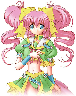 artist request, lowres, source request, 1girl, belt, bikini, bikini bottom only, blue eyes, bow, choker, crop top, female focus, hair bow, long hair, narrow waist, navel, pink hair, pleated skirt, ribbon, school uniform, serafuku, simple background, skirt, smile, solo, standing, swimsuit, twintails, wavy hair, white background, wristband