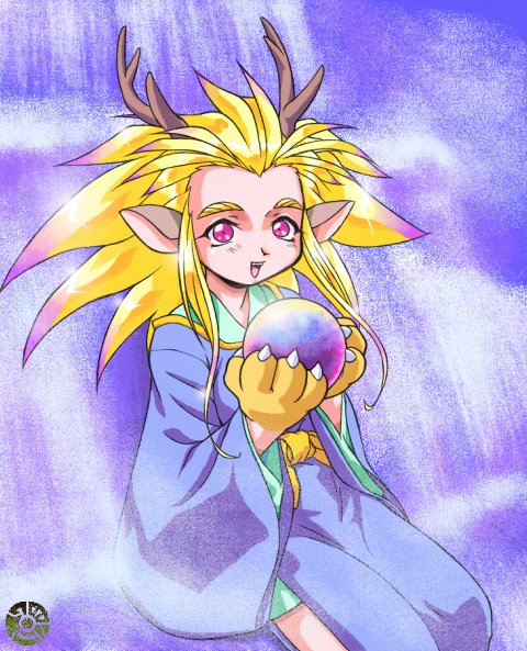 tagme, 1girl, animal ears, animal hands, antlers, ball, blonde hair, female focus, horns, pink eyes, purple background, solo