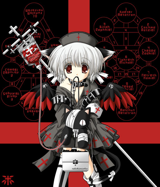 nekoneko, 1girl, animal ears, bandages, blood, cat, cat ears, cat tail, collar, cross, dark, female focus, goth fashion, hat, leash, mouth hold, nurse, red eyes, short hair, solo, stuffed animal, stuffed toy, tail, vampire, white hair, wings