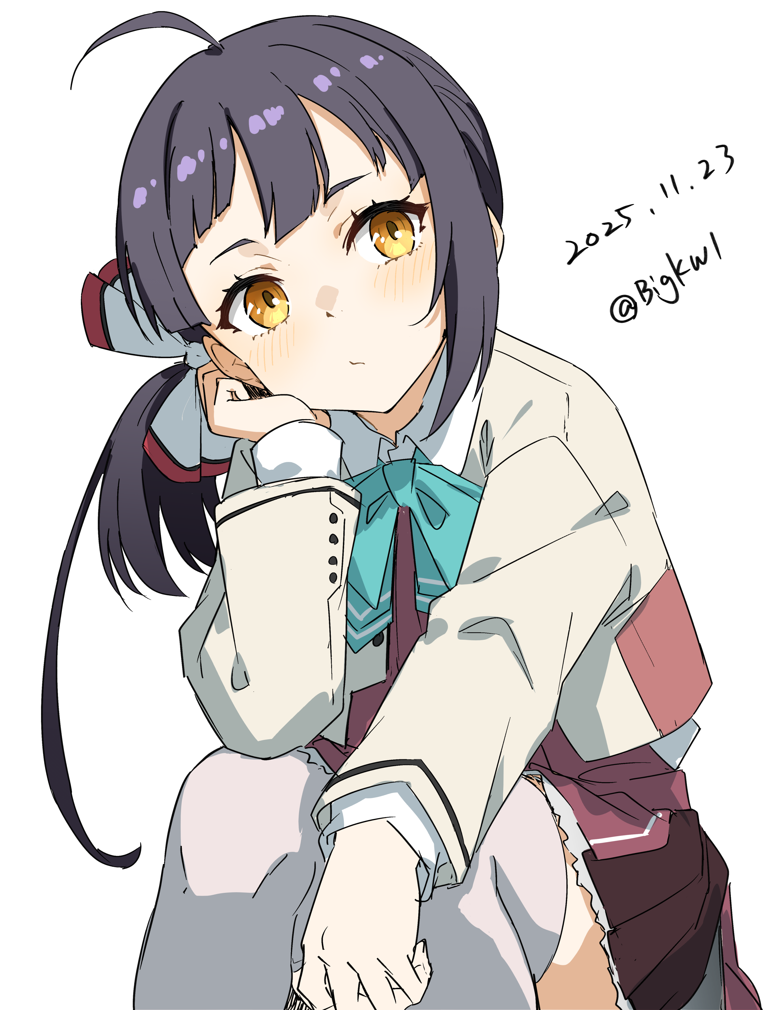 bigkwl, fujinami (kancolle), kantai collection, absurdres, commentary, highres, 1girl, ahoge, black hair, blush, bow, bowtie, brown skirt, closed mouth, collared shirt, dated, dated commentary, feet out of frame, frilled skirt, frills, green bow, green bowtie, hair ribbon, head rest, jacket, long hair, long sleeves, one-hour drawing challenge, pleated skirt, ribbon, shirt, simple background, sitting, skirt, solo, thighhighs, twitter username, white background, white jacket, white ribbon, white shirt, white thighhighs, yellow eyes