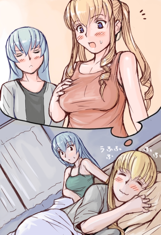 tsuda nanafushi, shinku, suigintou, rozen maiden, silver hair, 00s, aged up, blonde hair, blush, breast envy, breasts, casual, closed eyes, dreaming, long hair, sleeping