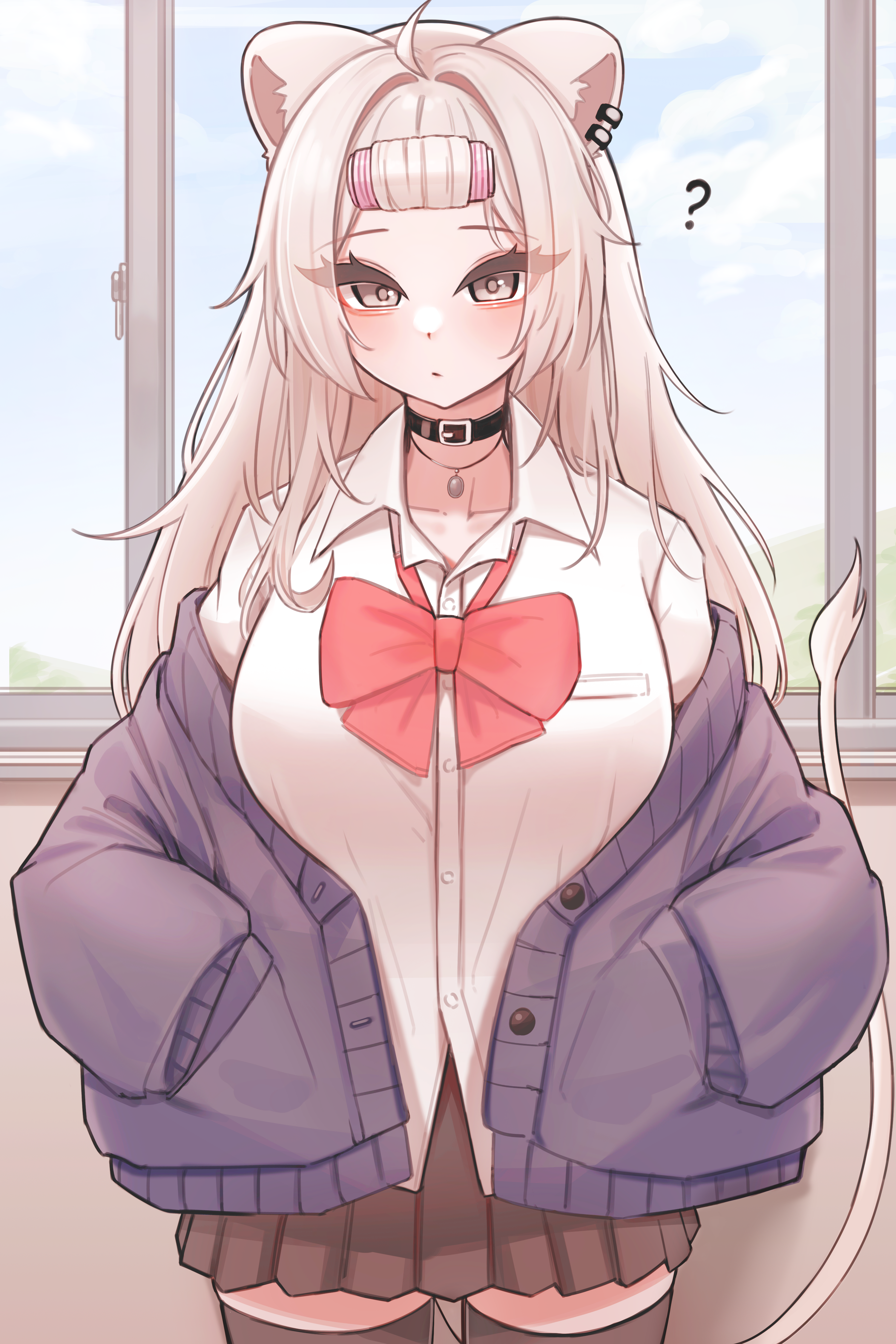 ruo1001, shishiro botan, hololive, absurdres, commentary request, highres, 1girl, ?, ahoge, animal ears, black choker, black thighhighs, brown skirt, choker, closed mouth, collared shirt, grey eyes, grey hair, hands in pockets, lion ears, lion girl, lion tail, looking at viewer, school uniform, shirt, skirt, solo, tail, thighhighs, virtual youtuber, white shirt