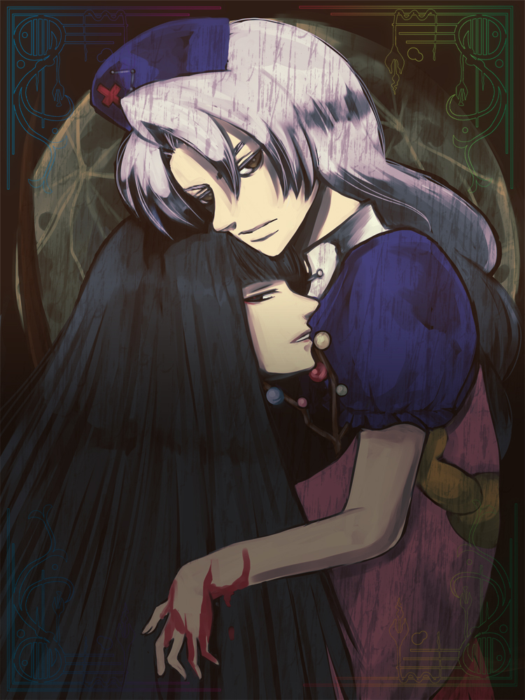 waya, houraisan kaguya, yagokoro eirin, touhou, silver hair, 2girls, black hair, blood, female focus, hat, hug, multiple girls
