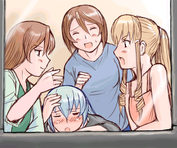 tsuda nanafushi, shinku, souseiseki, suigintou, suiseiseki, rozen maiden, silver hair, 00s, 4girls, aged up, blonde hair, blush, brown hair, casual, long hair, multiple girls, short hair, siblings, sisters, twins