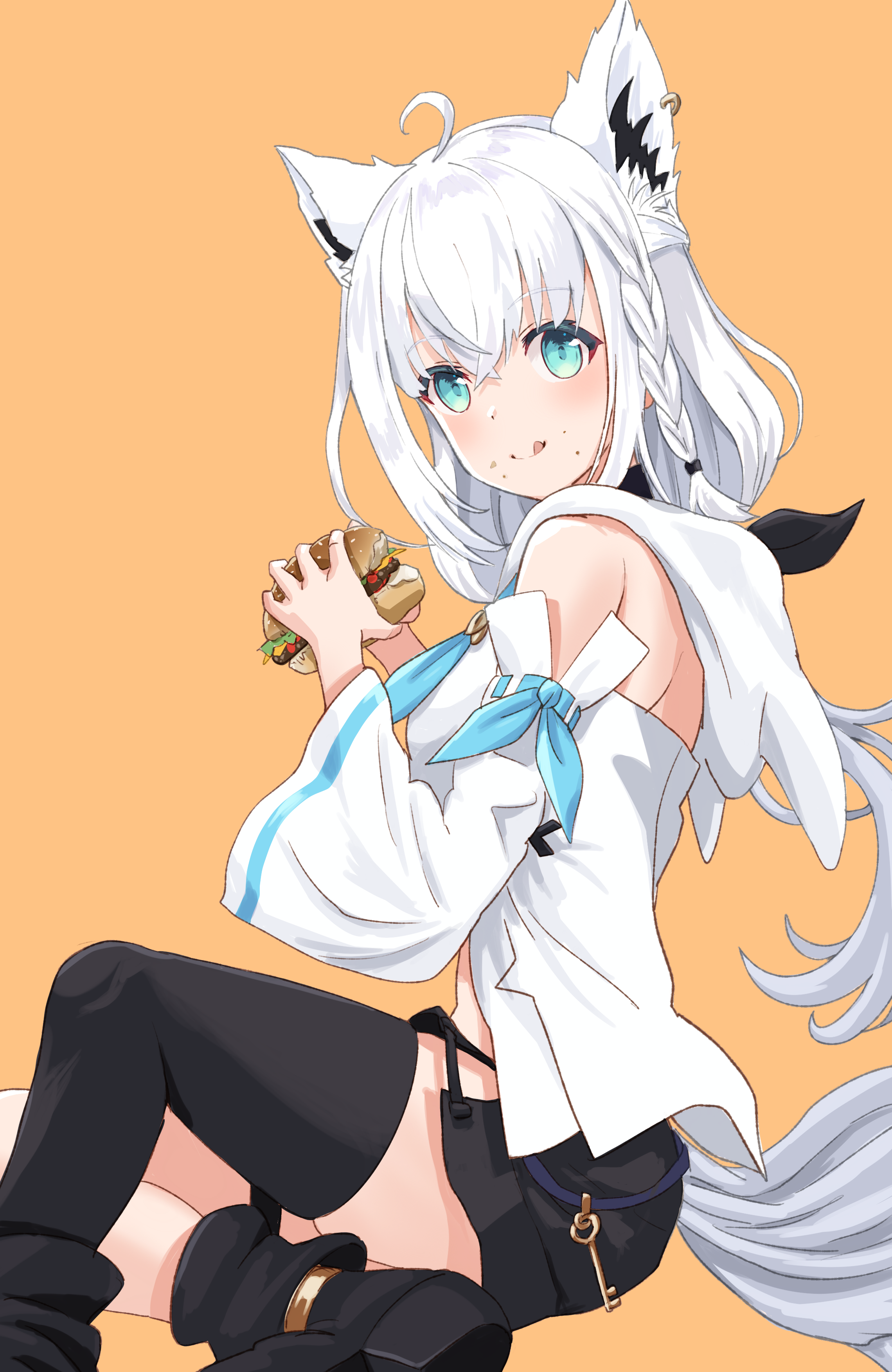 lingmu, shirakami fubuki, shirakami fubuki (1st costume), hololive, absurdres, commentary request, highres, 1girl, ahoge, animal ear fluff, animal ear piercing, animal ears, aqua eyes, aqua trim, black boots, black shorts, black thighhighs, blush, boots, braid, burger, closed mouth, detached sleeves, food, food on face, fox ears, fox girl, fox tail, hair between eyes, holding, holding burger, holding food, long hair, long sleeves, looking at viewer, orange background, shirt, short shorts, shorts, side braid, simple background, single thighhigh, smile, solo, tail, thighhighs, tongue, tongue out, virtual youtuber, white hair, white shirt, wide sleeves