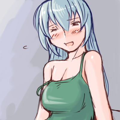 tsuda nanafushi, suigintou, rozen maiden, silver hair, lowres, 00s, 1girl, aged up, blush, breasts, female focus, large breasts, long hair, off shoulder, one eye closed, solo, strap slip, waking up, wink