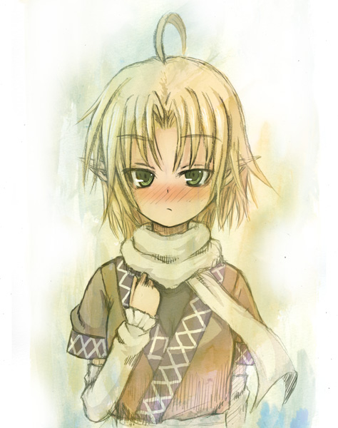 mitsuki yuuya, mizuhashi parsee, touhou, 1girl, ahoge, blonde hair, blush, female focus, green eyes, pointy ears, scarf, short hair, solo, standing
