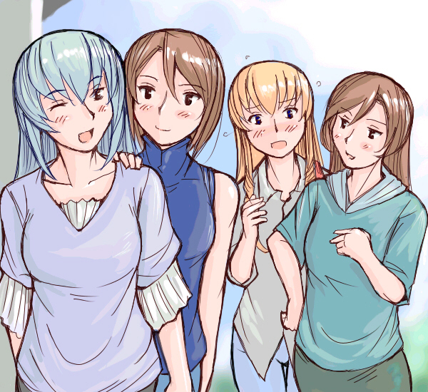 tsuda nanafushi, shinku, souseiseki, suigintou, suiseiseki, rozen maiden, silver hair, 00s, 4girls, aged up, blonde hair, blue eyes, blush, brown eyes, brown hair, casual, multiple girls, one eye closed, short hair, siblings, sisters, twins, wink