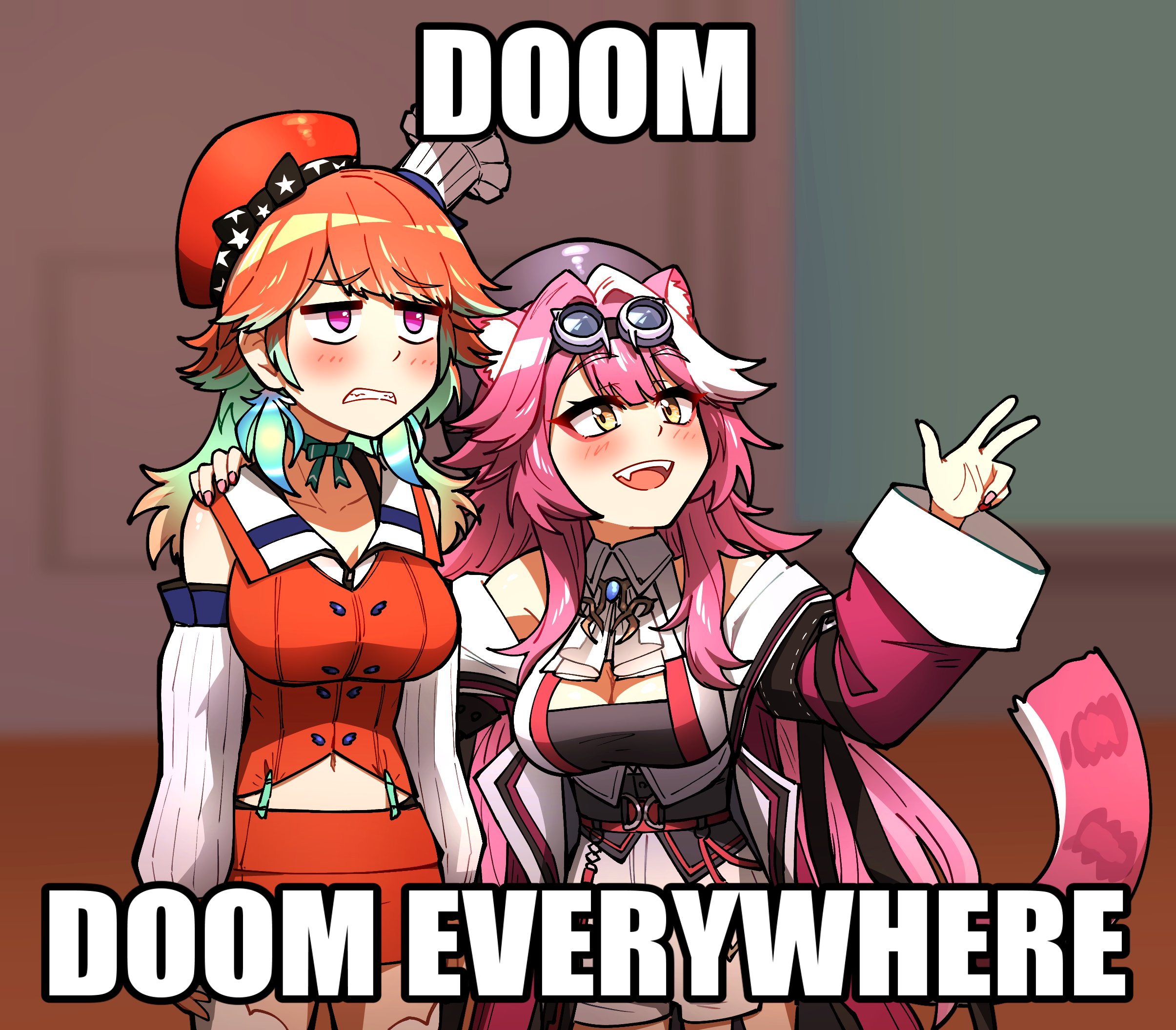 ddolbang, raora panthera, raora panthera (1st costume), takanashi kiara, takanashi kiara (1st costume), hololive, hololive english, commentary, english commentary, highres, 2girls, animal ear fluff, animal ears, beret, black tube top, bow, bow choker, breasts, choker, detached sleeves, earrings, feather earrings, feathers, goggles, goggles on head, gradient hair, green hair, hat, image macro (meme), jewelry, large breasts, long hair, meme, mini chef hat, multicolored hair, multiple girls, multiple hats, open mouth, orange hair, orange skirt, panther ears, panther girl, panther tail, pink hair, purple eyes, skirt, smile, strapless, streaked hair, tail, tube top, virtual youtuber, x x everywhere (meme), yellow eyes