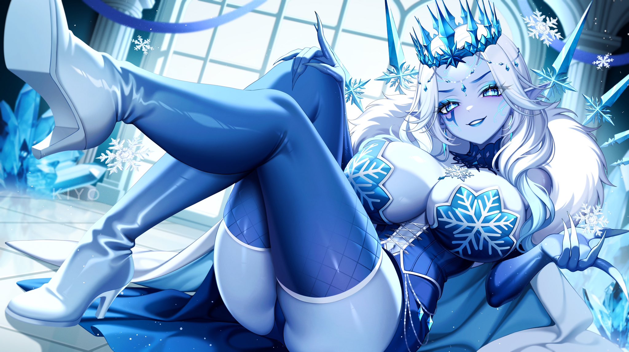 kiyochii, vexoria the sun eater, indie virtual youtuber, commentary, english commentary, highres, 1girl, blue cape, blue dress, blue eyes, blue gloves, blue shoes, blue skin, blue thighhighs, breasts, cape, cleavage, closed mouth, colored skin, crown, dress, elbow gloves, fur-trimmed cape, fur trim, gloves, high heels, large breasts, leg up, looking at viewer, pointy ears, shoes, smile, snowflakes, solo, thighhighs, vexoria the sun eater (frozen empress), virtual youtuber, white hair
