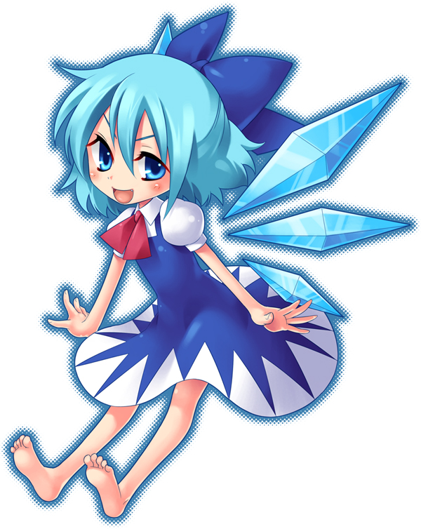 x-k, cirno, embodiment of scarlet devil, touhou, bad id, bad pixiv id, barefoot, blue eyes, blue hair, feet, smile, solo, wings