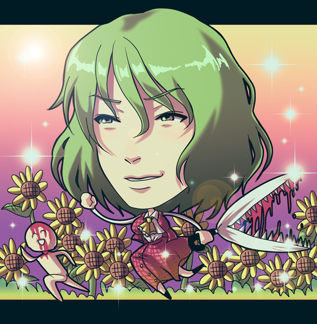 waya, kazami yuuka, touhou, 1girl, ascot, blood, chasing, chibi, female focus, flower, green hair, letterboxed, plaid clothes, plaid skirt, plaid vest, running, sharp teeth, short hair, skirt, skirt set, solo, sparkle, sunflower, teeth, umbrella, vest, what