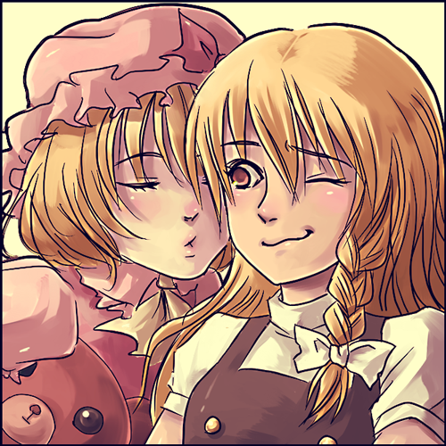 waya, flandre scarlet, kirisame marisa, touhou, lowres, 2girls, blonde hair, braid, closed eyes, female focus, hat, imminent kiss, kiss, multiple girls, one eye closed, ribbon, short hair, simple background, upper body, wink, yuri