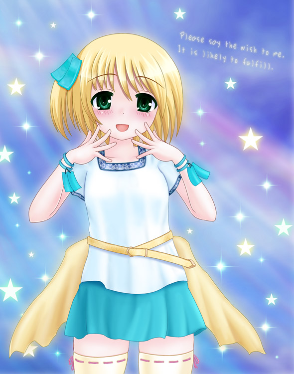 aoi kanan, jirachi, nintendo, pokemon, 00s, 1girl, belt, blonde hair, blush, bracelet, english text, engrish text, female focus, gen 3 pokemon, green eyes, jewelry, legendary pokemon, mythical pokemon, personification, ranguage, short hair, skirt, solo, star (symbol), thighhighs, zettai ryouiki