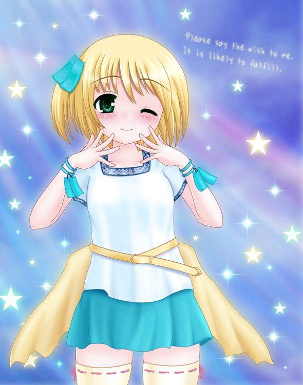 aoi kanan, jirachi, nintendo, pokemon, 00s, 1girl, belt, blonde hair, blush, bracelet, english text, engrish text, female focus, gen 3 pokemon, green eyes, jewelry, legendary pokemon, mythical pokemon, one eye closed, personification, ranguage, short hair, skirt, solo, star (symbol), thighhighs, wink, zettai ryouiki