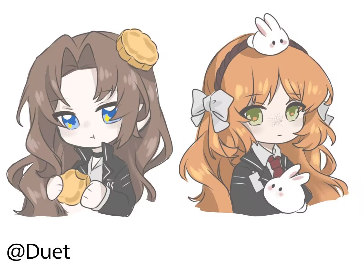 ishmael (project moon), rodion (project moon), limbus company, project moon, 2girls, animal ears, bow, brown hair, eating, expressionless, hair bow, hair intakes, id card, long hair, maozhizhu-wuxiuzhiyinfu-duet, mooncake, multiple girls, necktie, rabbit, rabbit ears, red necktie, sidelocks, simple background, upper body, very long hair, white background, white bow