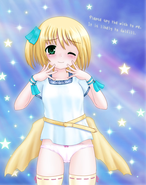 aoi kanan, jirachi, nintendo, pokemon, 00s, 1girl, belt, blonde hair, blush, bow, bow panties, bracelet, english text, engrish text, female focus, gen 3 pokemon, green eyes, jewelry, legendary pokemon, loli, mythical pokemon, one eye closed, panties, personification, pink panties, ranguage, short hair, smile, solo, star (symbol), thighhighs, underwear, wink