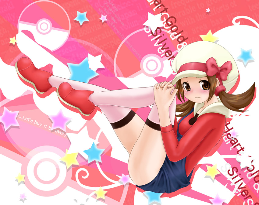 aoi kanan, lyra (pokemon), nintendo, pokemon, pokemon hgss, tagme, 00s, 1girl, blush, bow, brown eyes, brown hair, female focus, hat, newsboy cap, overalls, ribbon, solo, thighhighs, twintails