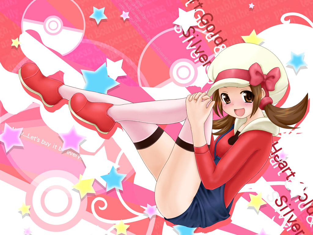 aoi kanan, lyra (pokemon), nintendo, pokemon, pokemon hgss, 00s, 1girl, blush, bow, brown eyes, brown hair, copyright name, female focus, happy, hat, hat ribbon, knees, legs, newsboy cap, open mouth, overalls, red ribbon, ribbon, shoes, solo, thighhighs, twintails