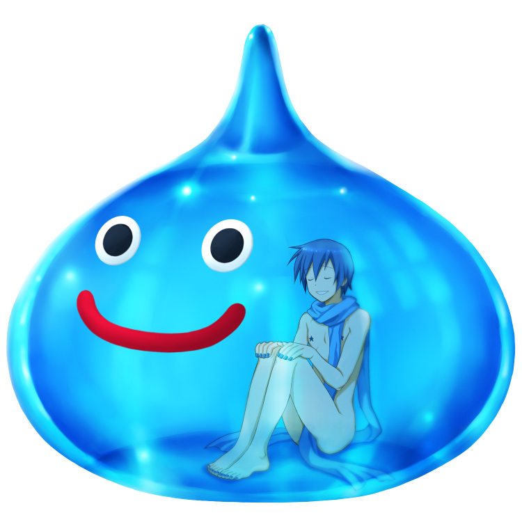 yuuno (yukioka), kaito (vocaloid), slime (dragon quest), dragon quest, vocaloid, bad id, bad pixiv id, 1boy, barefoot, blue hair, blue nails, blue scarf, closed eyes, crossover, male focus, nail polish, naked scarf, nude, scarf, short hair, simple background, sitting, slime (creature), smile, solo, what