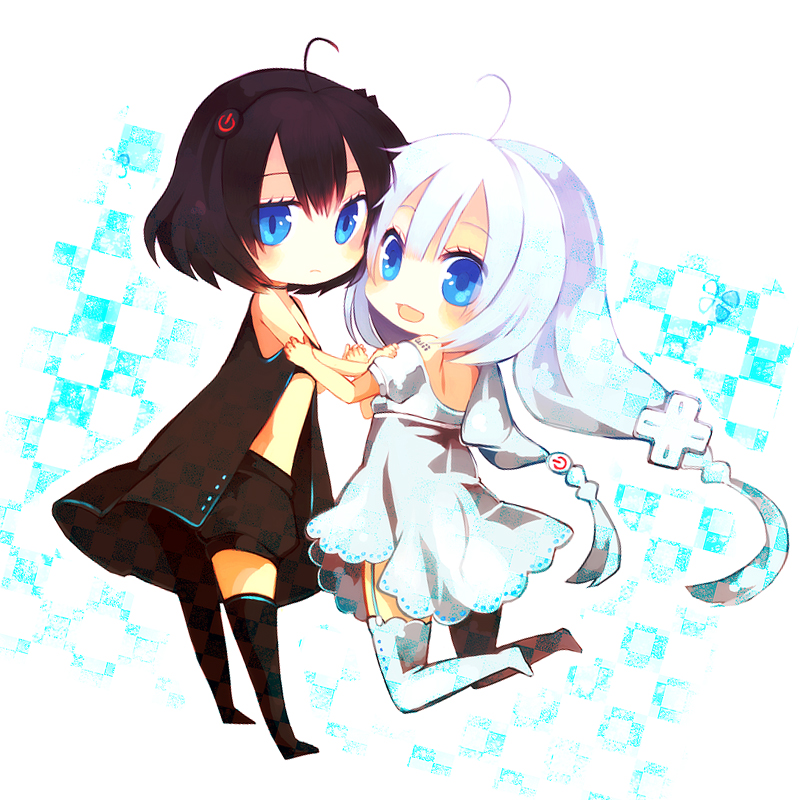 aruya (flosrota), nintendo, bad id, bad pixiv id, 2girls, black hair, blue eyes, chibi, dual persona, game console, multiple girls, personification, product girl, white hair, wii