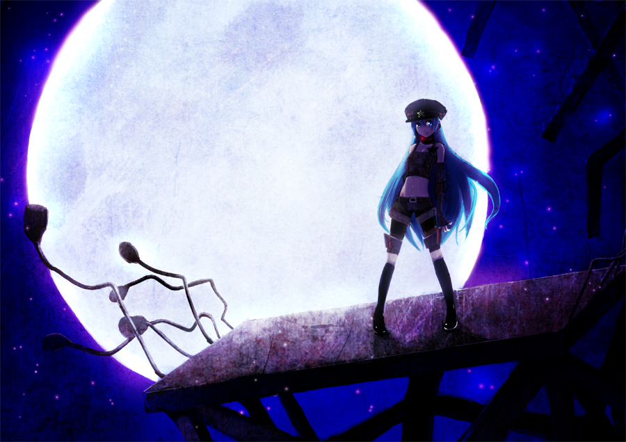 bloodink, hatsune miku, project diva, project diva (series), vocaloid, 1girl, aqua eyes, aqua hair, female focus, fingerless gloves, full moon, gloves, hat, long hair, midriff, moon, navel, night, outdoors, shorts, sky, socks, solo