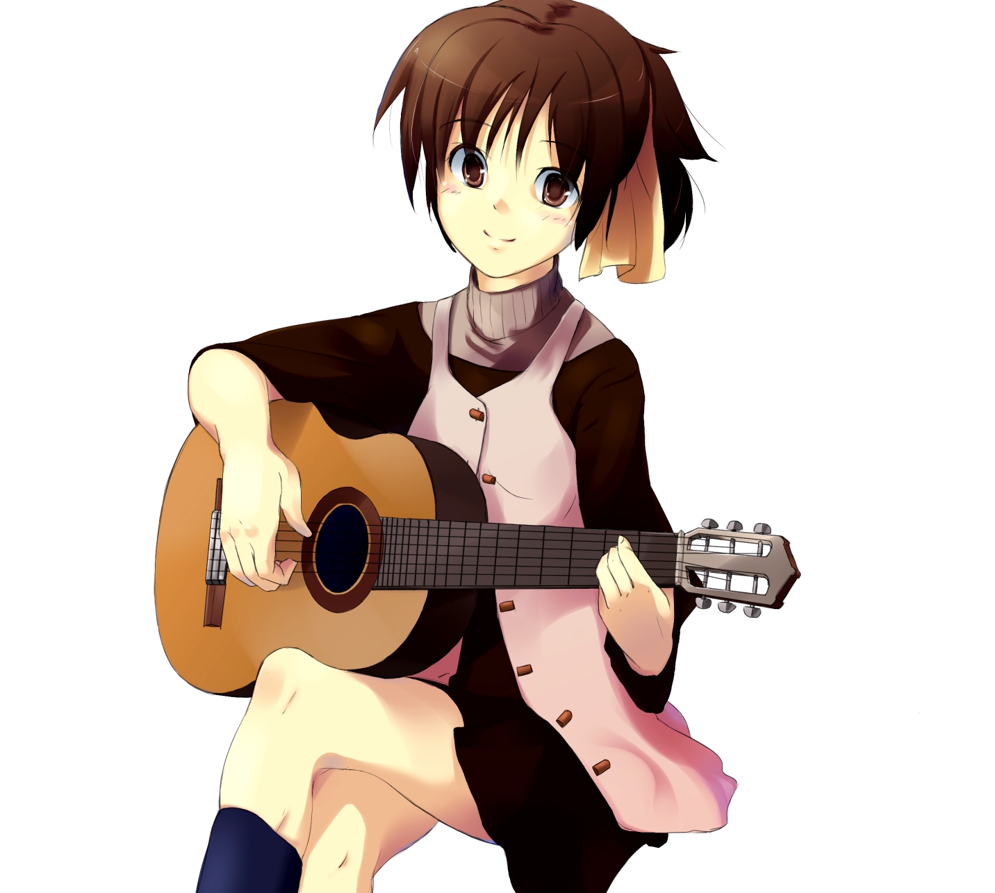 yui kimika, hirasawa ui, k-on!, bad id, bad pixiv id, highres, 00s, 1girl, acoustic guitar, brown eyes, brown hair, female focus, guitar, instrument, ponytail, short hair, sitting, skirt, smile, solo