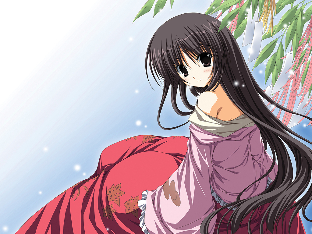 korie riko, houraisan kaguya, touhou, 1girl, bamboo, black hair, blush, brown eyes, female focus, japanese clothes, long hair, looking at viewer, looking back, off shoulder, smile, solo, very long hair