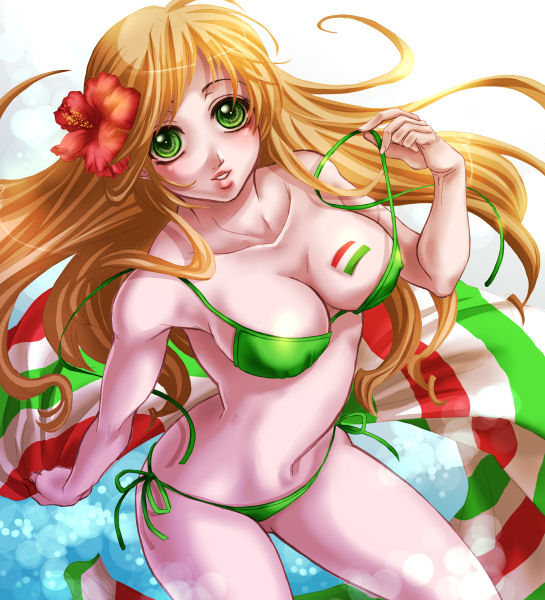 hoshikawa yuu, hungary (hetalia), axis powers hetalia, bad id, bad pixiv id, 00s, 1girl, bikini, breasts, brown hair, cleavage, female focus, flag, flower, green bikini, green eyes, hair flower, hair ornament, hibiscus, large breasts, long hair, side-tie bikini bottom, solo, swimsuit
