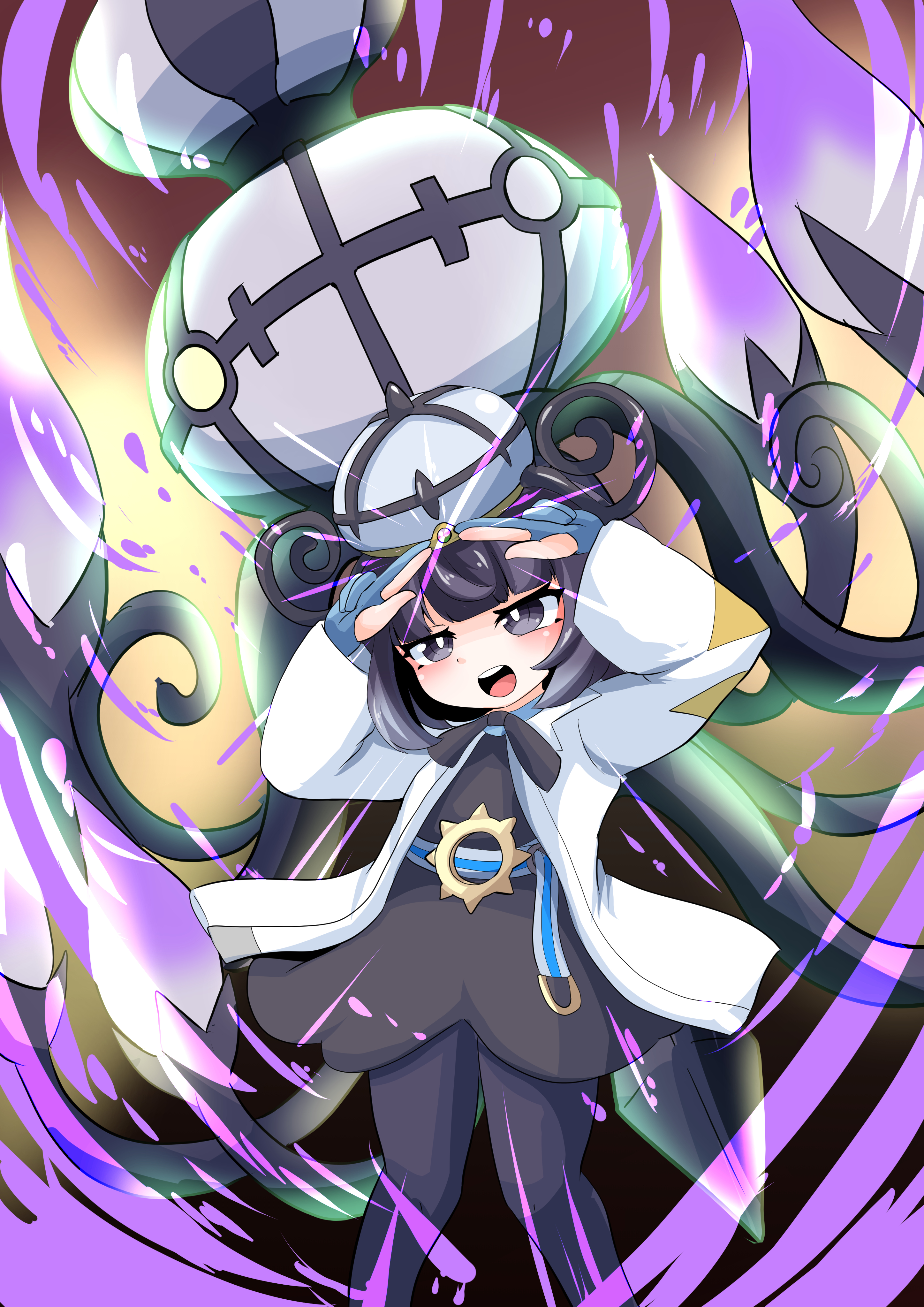 suzushun0425, chandelure, gwynn (pokemon), mega chandelure, pokemon, pokemon legends: z-a, absurdres, highres, 1girl, pokemon (creature), purple eyes, purple hair