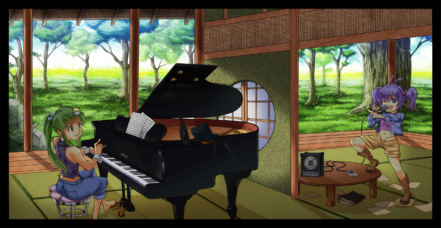 akihazama, kawashiro nitori, kochiya sanae, touhou, bad id, bad pixiv id, 2girls, alternate costume, alternate hairstyle, barefoot, blue hair, boots, casual, contemporary, denim, digital media player, female focus, garden, grand piano, green hair, hair bobbles, hair ornament, instrument, ipod, jacket, jeans, microphone, midriff, multiple girls, music, navel, one eye closed, pants, piano, piano bench, ponytail, shorts, singing, tatami, twintails, veranda, wink